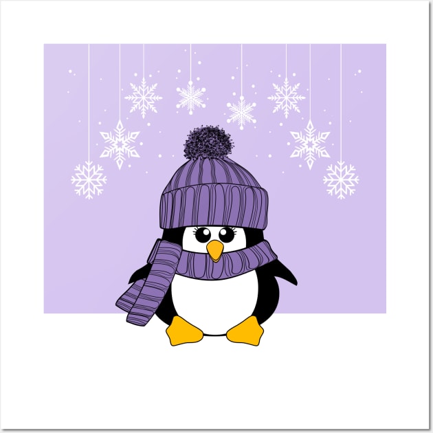 Krimbles Festive Christmas Purple and Lilac Snowflake Penguin Wall Art by Krimbles